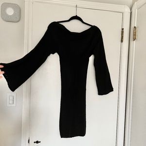 Vintage Handmade Knitted Woven Wool Black Bell Sleeve Midi Bodycon Dress